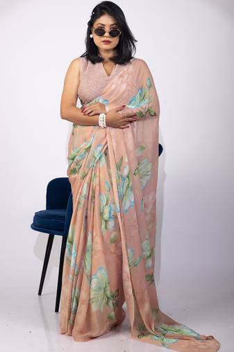 Peach floral printed chiffon saree with unstitched blouse piece