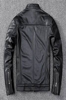 Men's black  lambskin leather jacket-straight zipper & café racer colar style 3