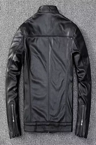 Men's black  lambskin leather jacket-straight zipper & café racer colar style
