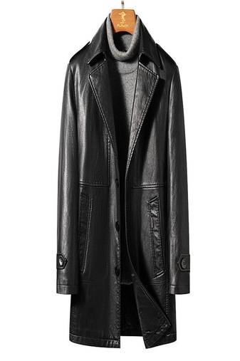 Men's black  lambskin leather long tranch coat & notched lapel collar & sleeve straps detail