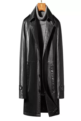 Men's black  lambskin leather long tranch coat & notched lapel collar & sleeve straps detail