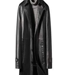 Men's black  lambskin leather long tranch coat & notched lapel collar & sleeve straps detail