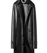 Men's black  lambskin leather long tranch coat & notched lapel collar & sleeve straps detail