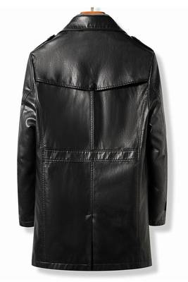 Men's black  lambskin leather long tranch coat & notched lapel collar & sleeve straps detail 2