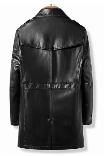Men's black  lambskin leather long tranch coat & notched lapel collar & sleeve straps detail
