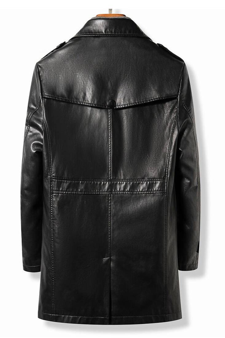 Men's black  lambskin leather long tranch coat & notched lapel collar & sleeve straps detail