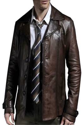 Men's brown antique lambskin leather jacket-4 button & yoke stitching style 1