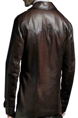 Men's brown antique lambskin leather jacket-4 button & yoke stitching style 2