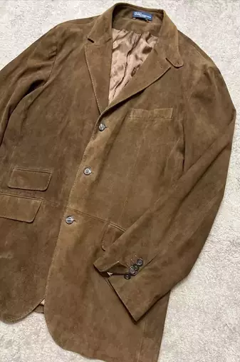 Men's brown suede  lambskin leather blazer & notched lapel collar &  flap pocket detail