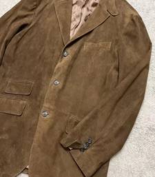 Men's brown suede  lambskin leather blazer & notched lapel collar &  flap pocket detail