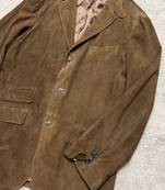 Men's brown suede  lambskin leather blazer & notched lapel collar &  flap pocket detail