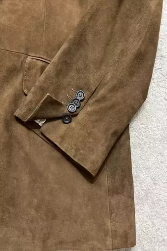 Men's brown suede  lambskin leather blazer & notched lapel collar &  flap pocket detail