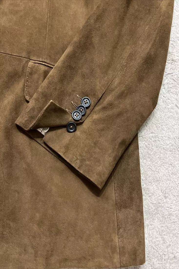 Men's brown suede  lambskin leather blazer & notched lapel collar &  flap pocket detail