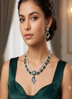 emerald green bridal jewellery set, silver crystal necklace earrings, tear drop wedding prom statement 1