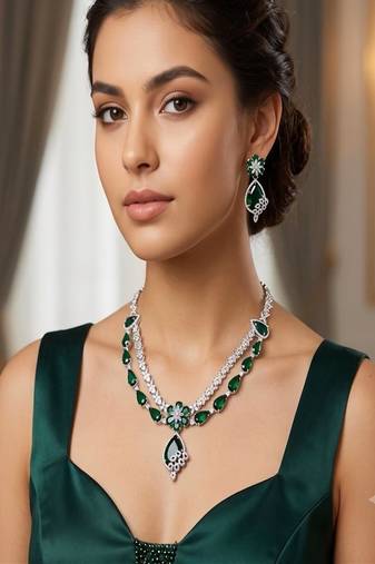 emerald green bridal jewellery set, silver crystal necklace earrings, tear drop wedding prom statement