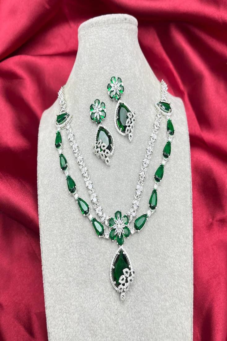 emerald green bridal jewellery set, silver crystal necklace earrings, tear drop wedding prom statement