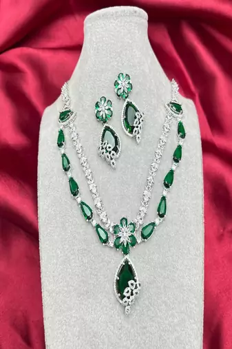 emerald green bridal jewellery set, silver crystal necklace earrings, tear drop wedding prom statement
