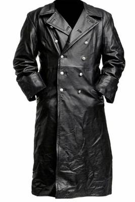 Men's black  lambskin leather long tranch coat & notched lapel collar & button  detail 1