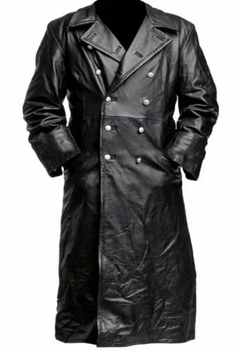 Men's black  lambskin leather long tranch coat & notched lapel collar & button  detail