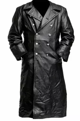 Men's black  lambskin leather long tranch coat & notched lapel collar & button  detail