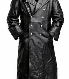 Men's black  lambskin leather long tranch coat & notched lapel collar & button  detail