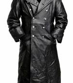 Men's black  lambskin leather long tranch coat & notched lapel collar & button  detail