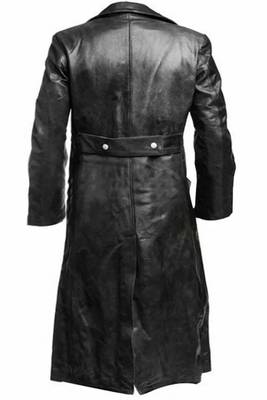 Men's black  lambskin leather long tranch coat & notched lapel collar & button  detail 2