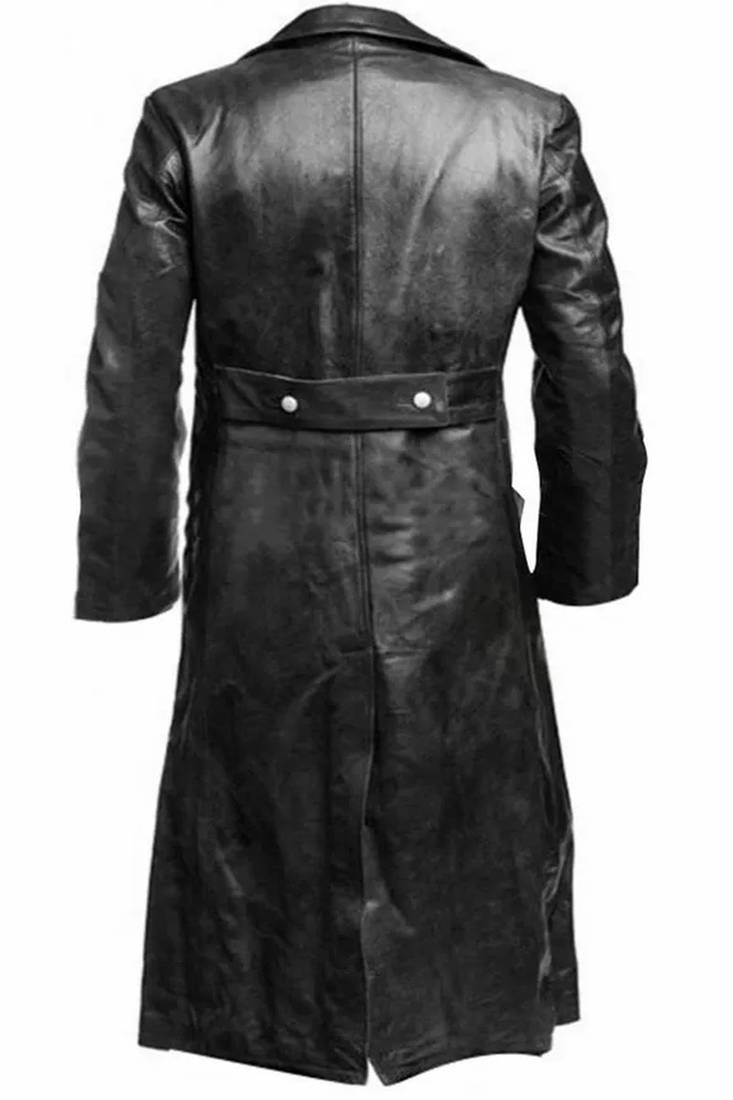 Men's black  lambskin leather long tranch coat & notched lapel collar & button  detail