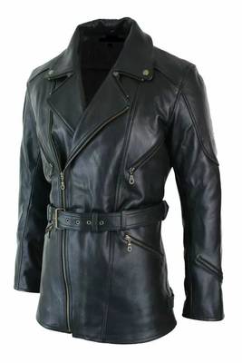 Men's  black lambskin leather coat-multiple zipper & waist belt style 1