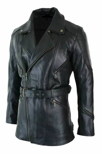 Men's  black lambskin leather coat-multiple zipper & waist belt style