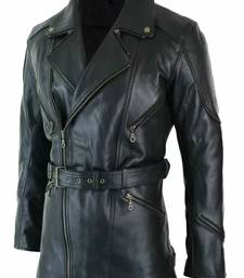 Men's  black lambskin leather coat-multiple zipper & waist belt style