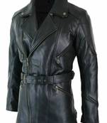 Men's  black lambskin leather coat-multiple zipper & waist belt style