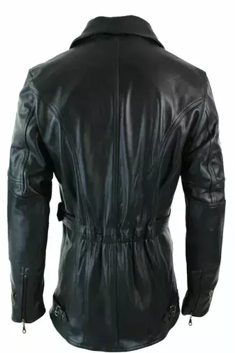 Men's  black lambskin leather coat-multiple zipper & waist belt style