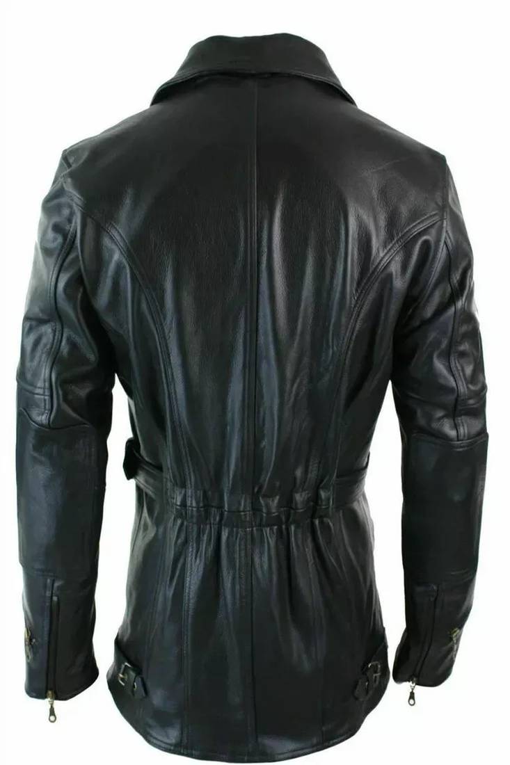 Men's  black lambskin leather coat-multiple zipper & waist belt style