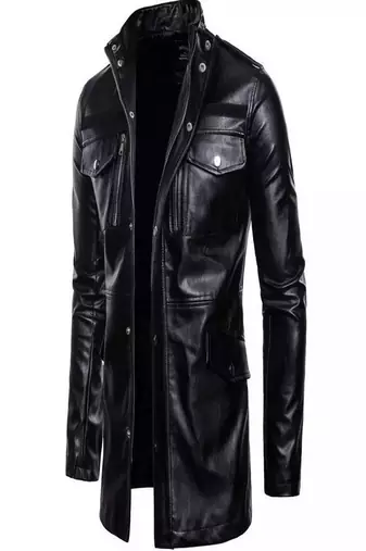 Men's  black lambskin leather coat 4 envelope pocket & snap button style