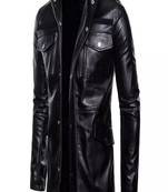 Men's  black lambskin leather coat 4 envelope pocket & snap button style