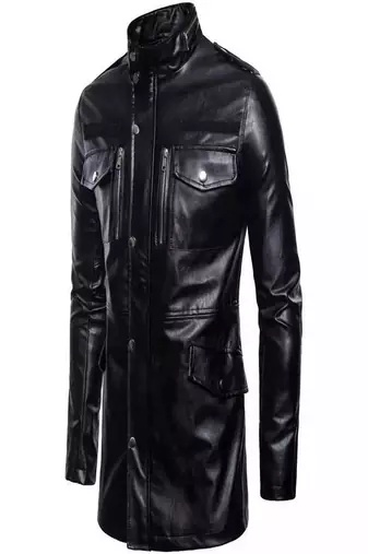 Men's  black lambskin leather coat 4 envelope pocket & snap button style