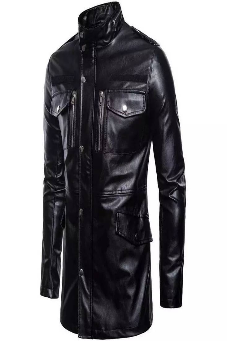 Men's  black lambskin leather coat 4 envelope pocket & snap button style