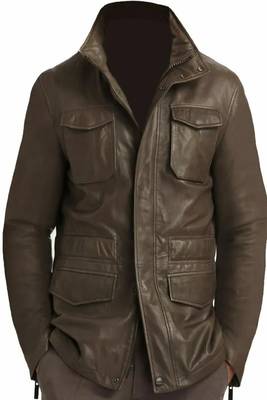 Men's  brown lambskin leather coat 4 envelope pocket & snap button style 1