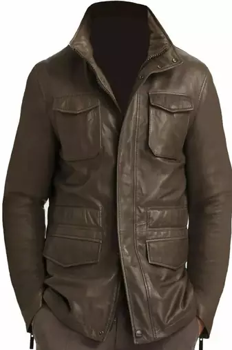 Men's  brown lambskin leather coat 4 envelope pocket & snap button style