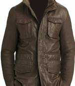 Men's  brown lambskin leather coat 4 envelope pocket & snap button style