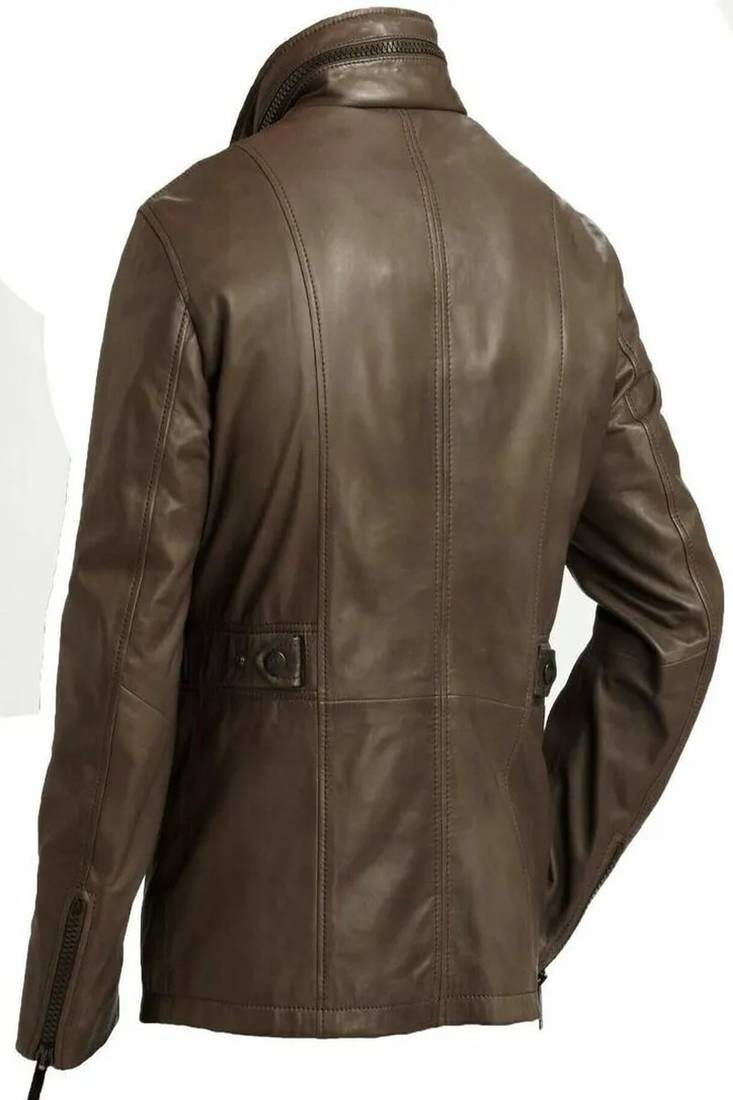 Men's  brown lambskin leather coat 4 envelope pocket & snap button style