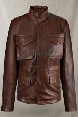 Men's  brown lambskin leather coat 4 envelope pocket & snap button style 1