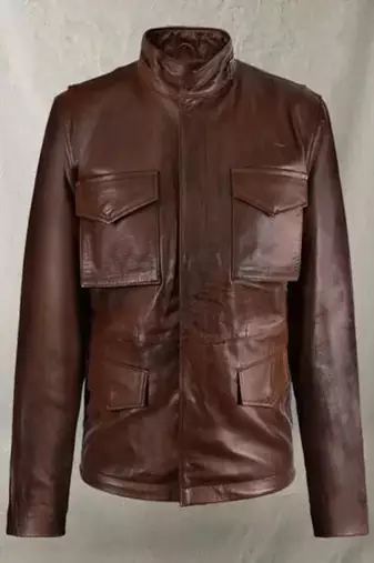 Men's  brown lambskin leather coat 4 envelope pocket & snap button style