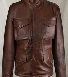 Men's  brown lambskin leather coat 4 envelope pocket & snap button style