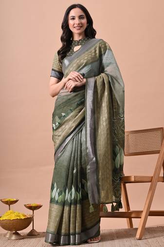 Green floral printed cotton blend saree with unstitched blouse piece