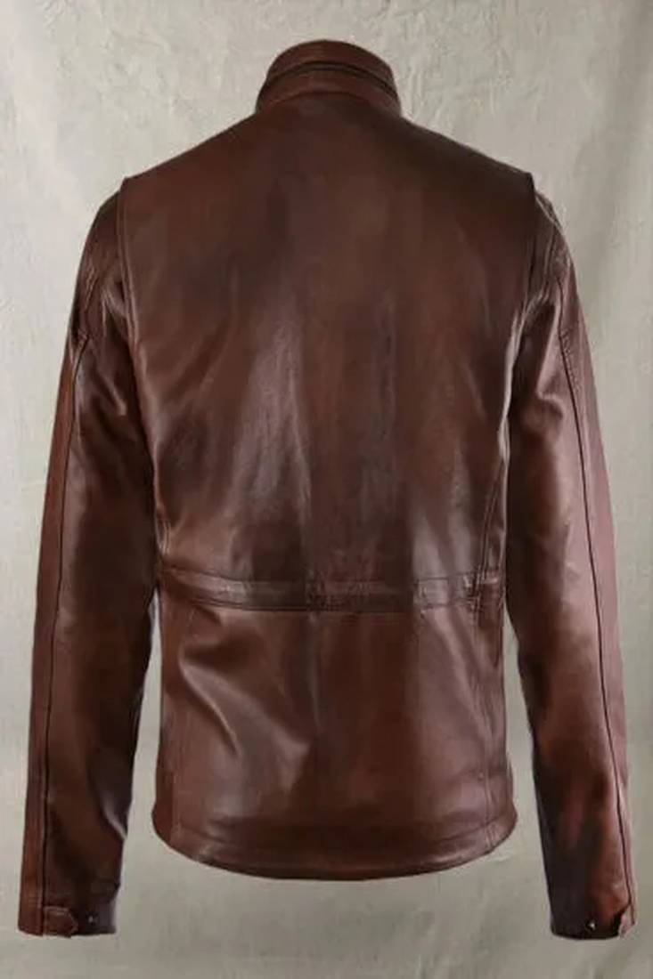 Men's  brown lambskin leather coat 4 envelope pocket & snap button style