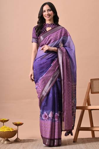 Purple floral printed cotton blend saree with unstitched blouse piece