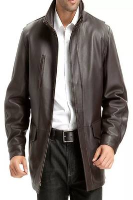 Men's brown lambskin leather blazer coat 2 flap pocket & zipper style 1