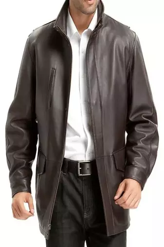 Men's brown lambskin leather blazer coat 2 flap pocket & zipper style